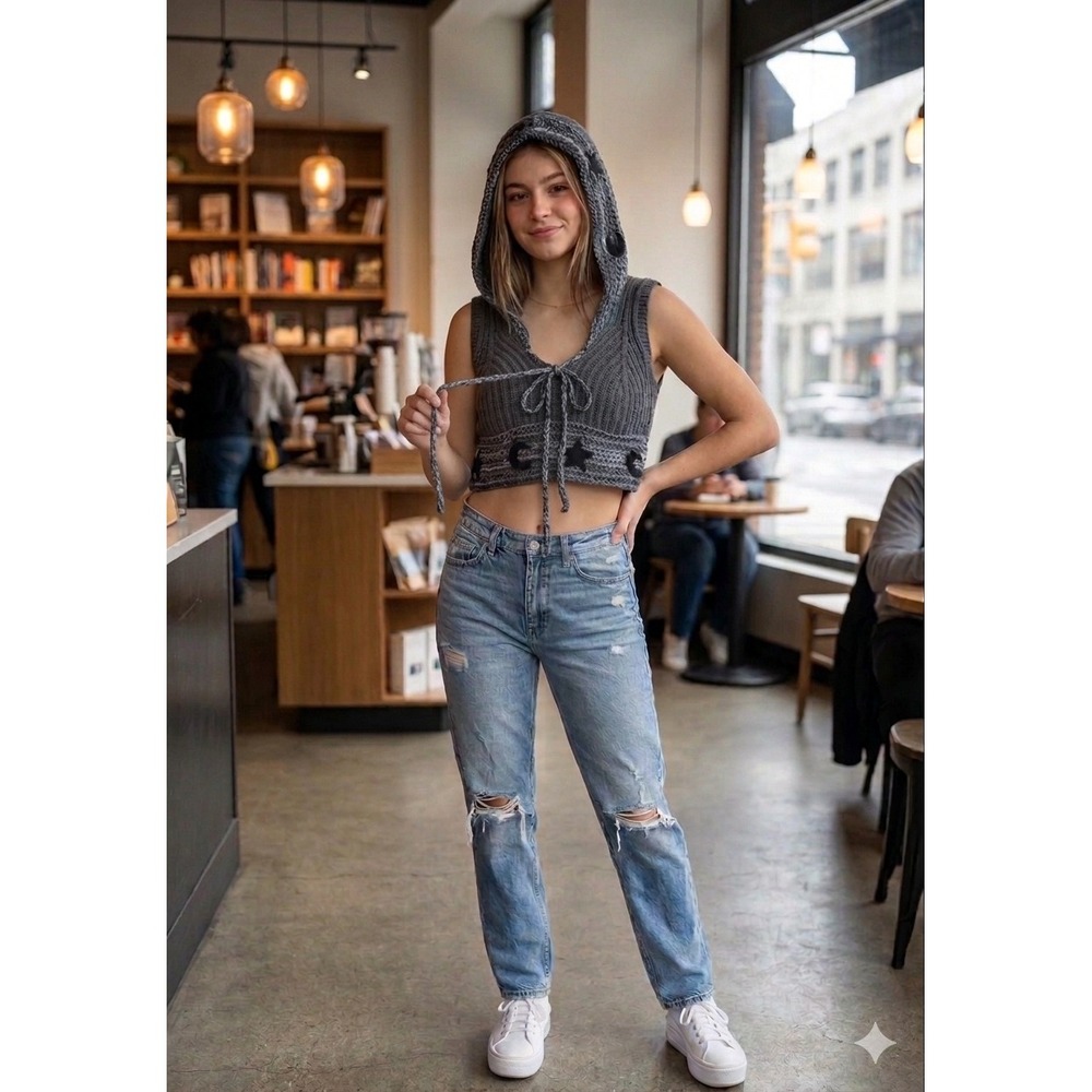 Celestial Crochet Hooded Crop Vest Grey Moon Star Knit Tie Front Top‎